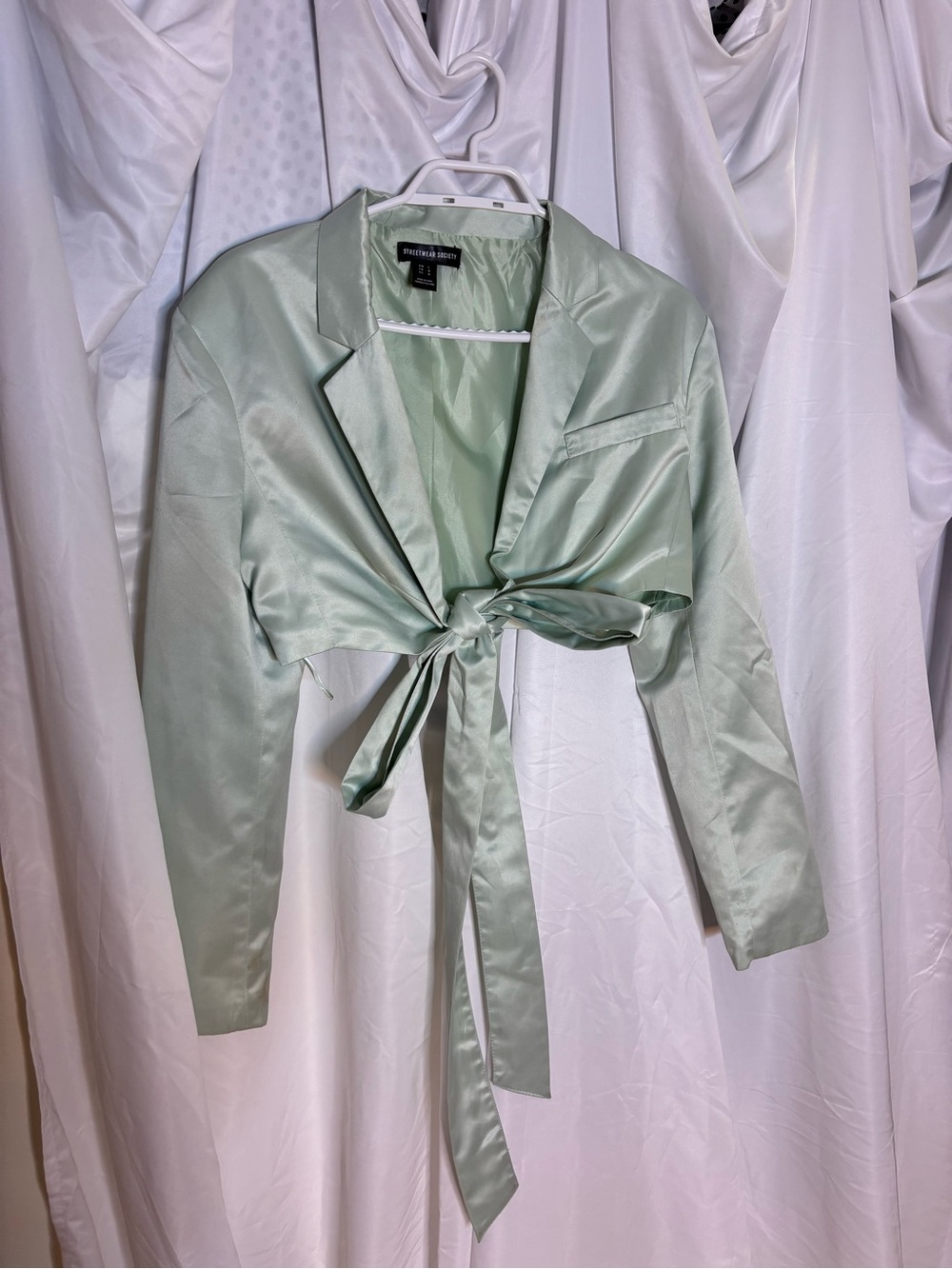 Light Mint Satin Tie-Front Cropped Blazer